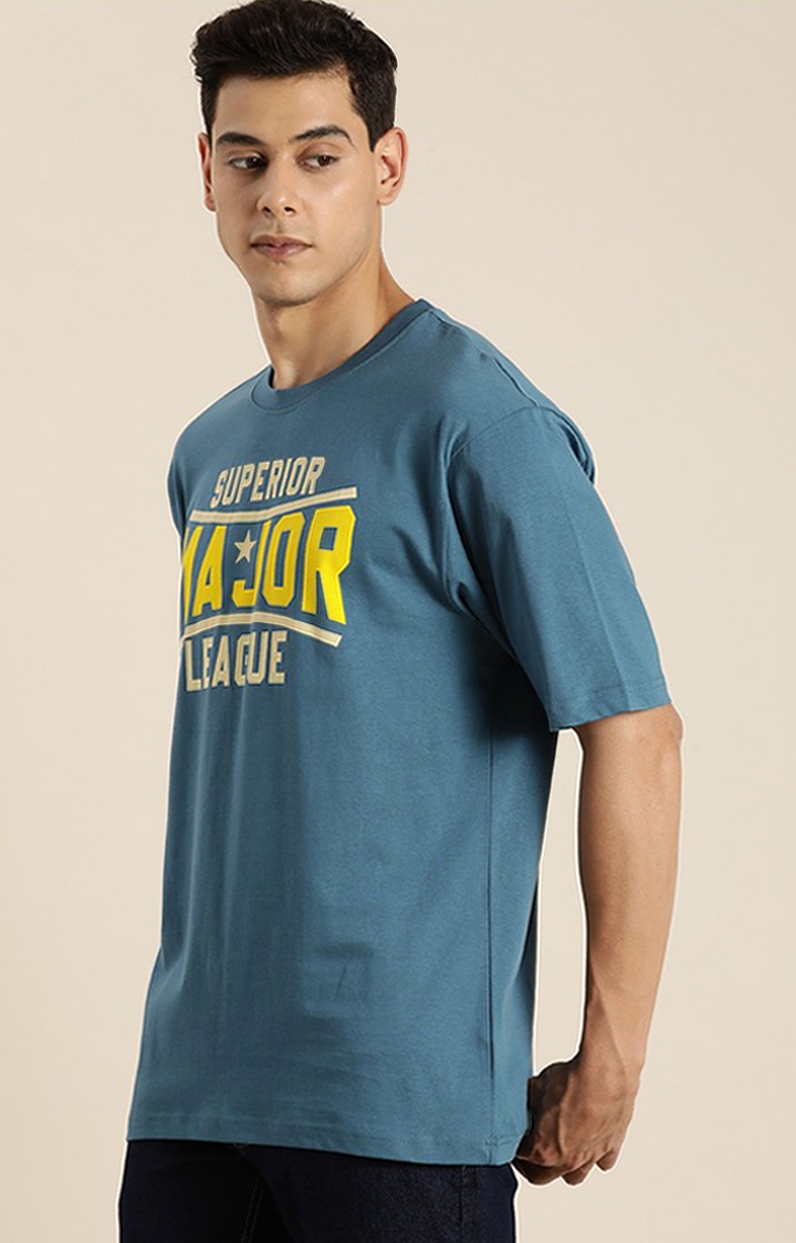 Dillinger | Men's Blue Cotton Typographic Printed Oversized T-Shirt 0