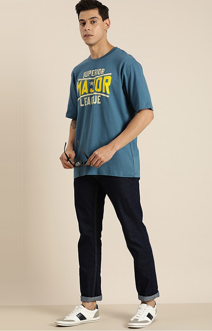 Dillinger | Men's Blue Cotton Typographic Printed Oversized T-Shirt 1