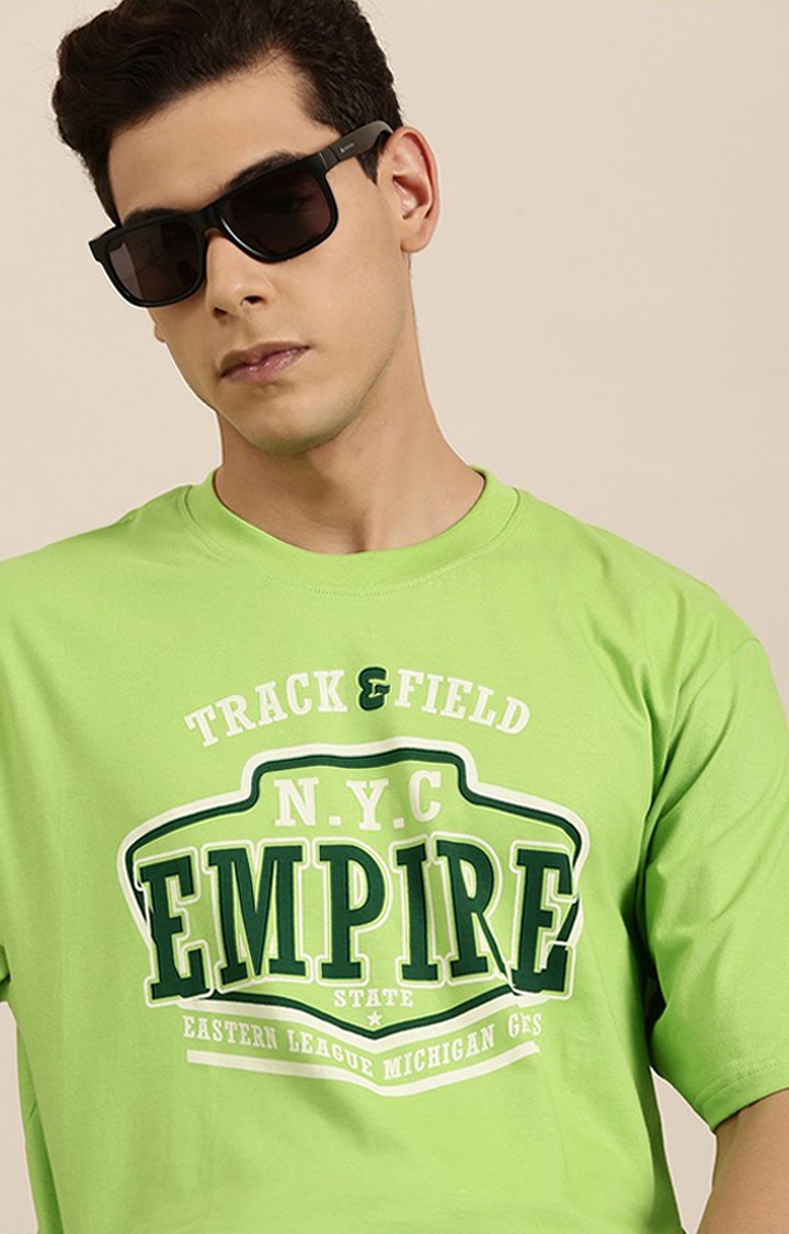 Men's Green Cotton Typographic Printed Oversized T-Shirt