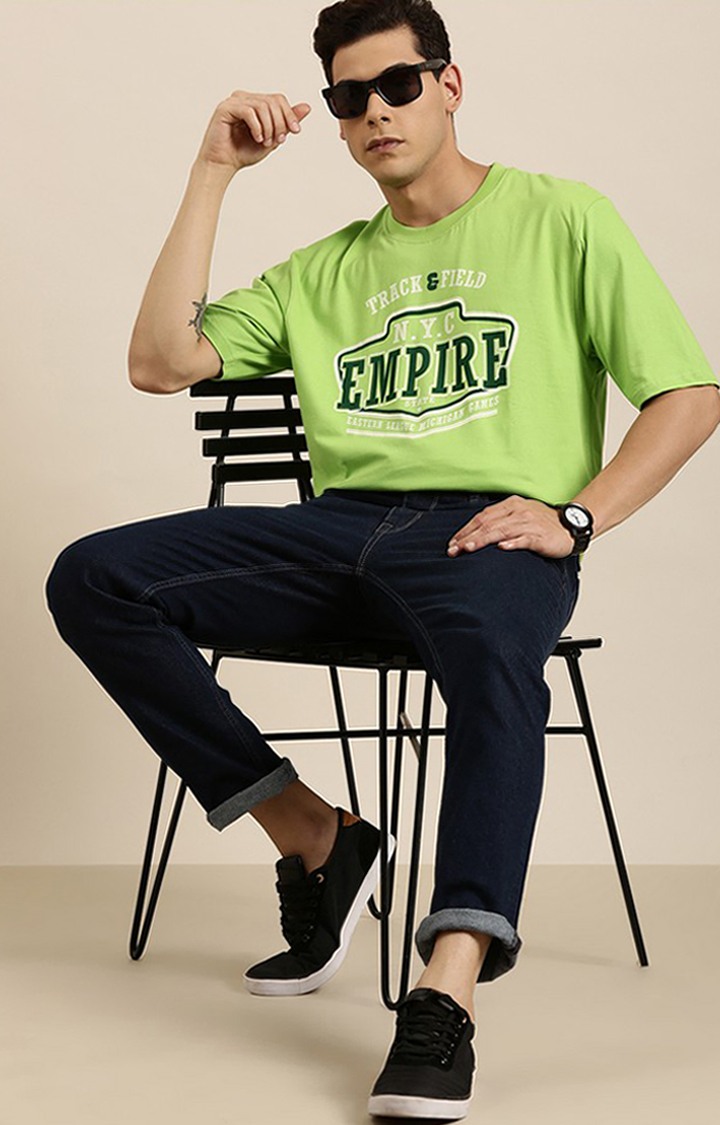 Men's Green Cotton Typographic Printed Oversized T-Shirt