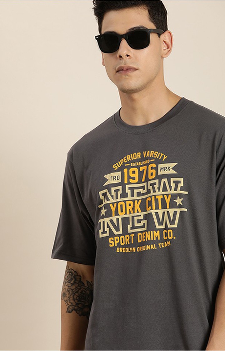 Men's Grey Cotton Typographic Printed Oversized T-Shirt