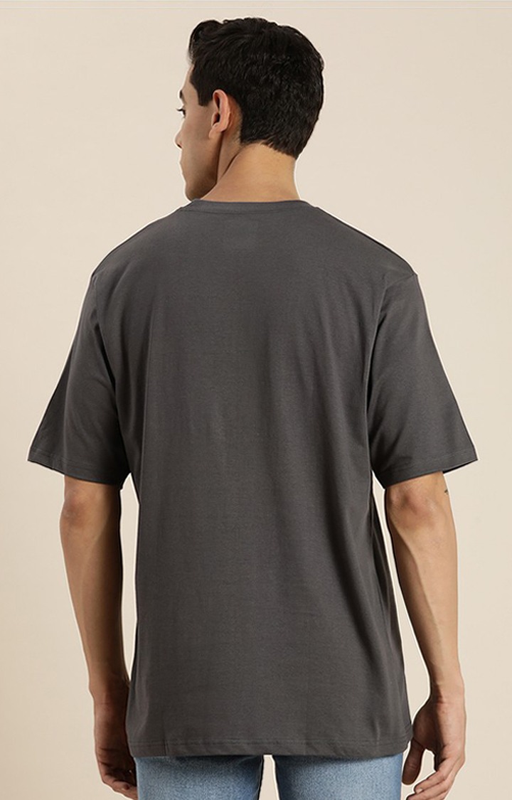 Men's Grey Cotton Typographic Printed Oversized T-Shirt