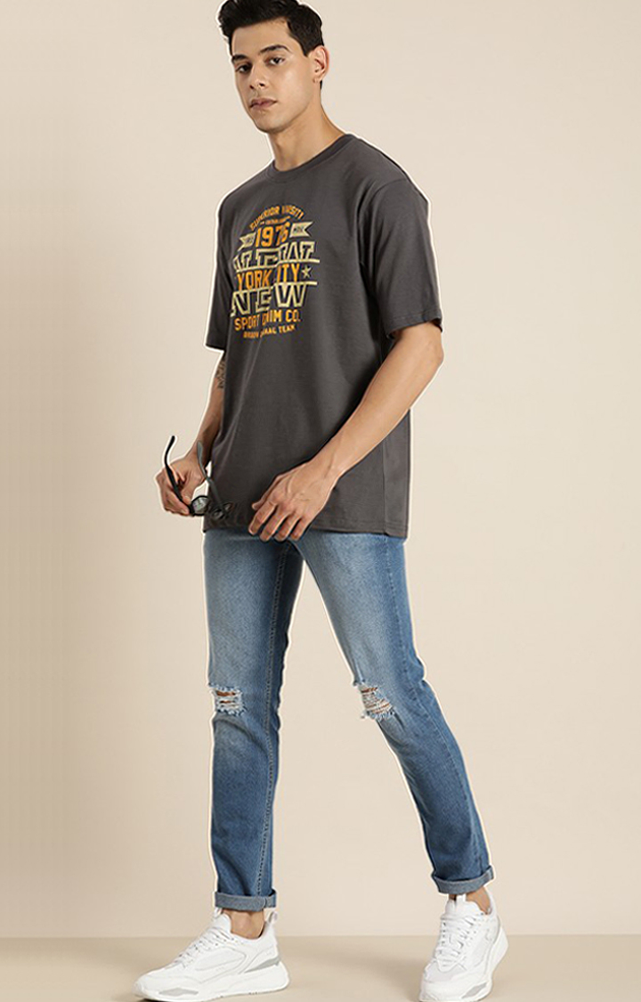 Men's Grey Cotton Typographic Printed Oversized T-Shirt