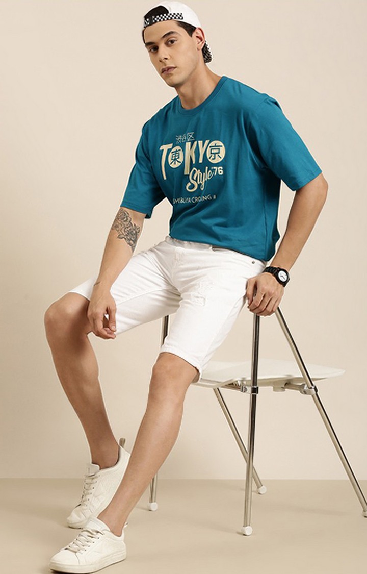 Men's Green Cotton Typographic Printed Oversized T-Shirt
