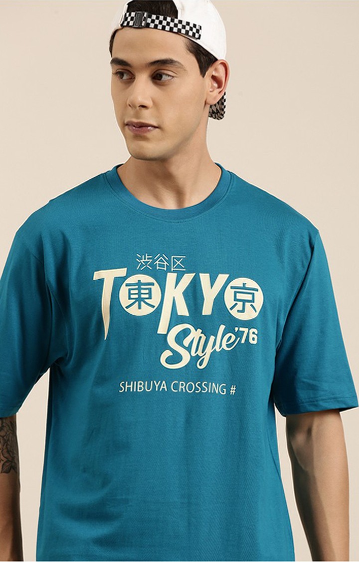 Men's Green Cotton Typographic Printed Oversized T-Shirt