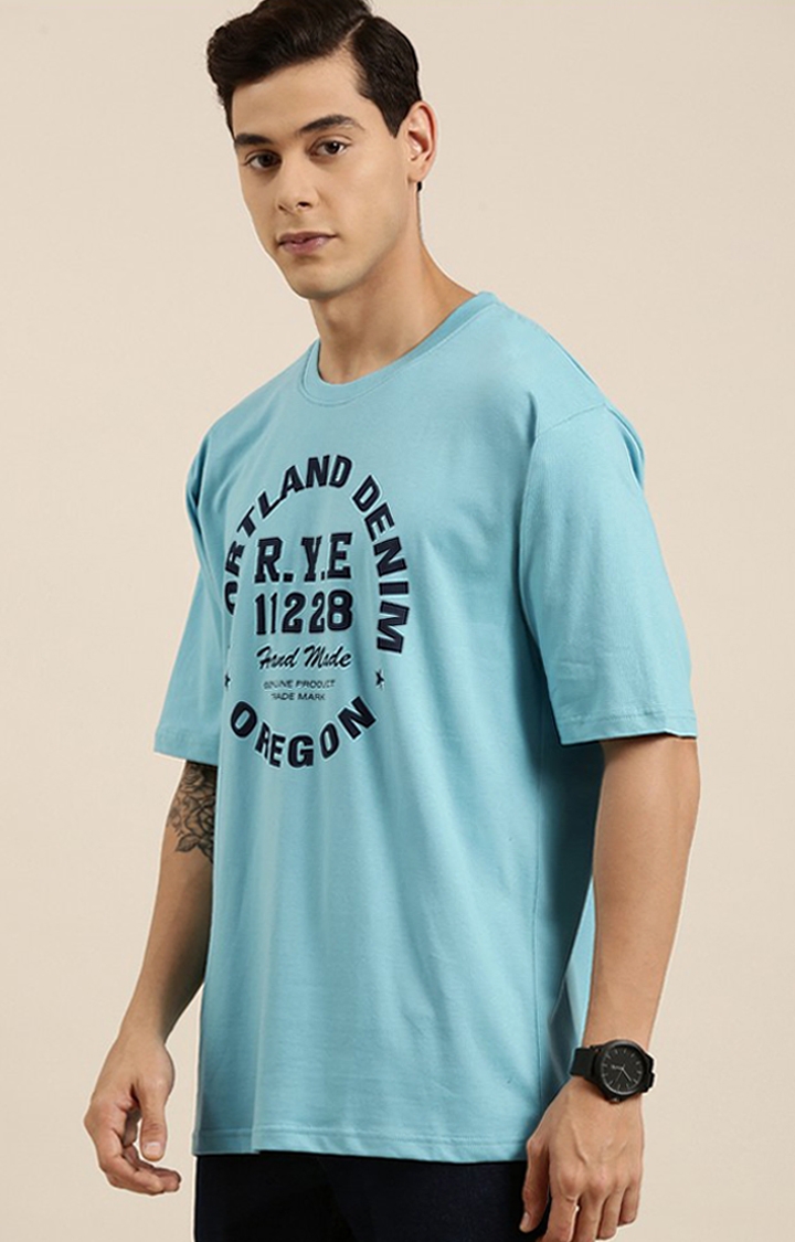 Dillinger | Men's Blue Cotton Typographic Printed Oversized T-Shirt