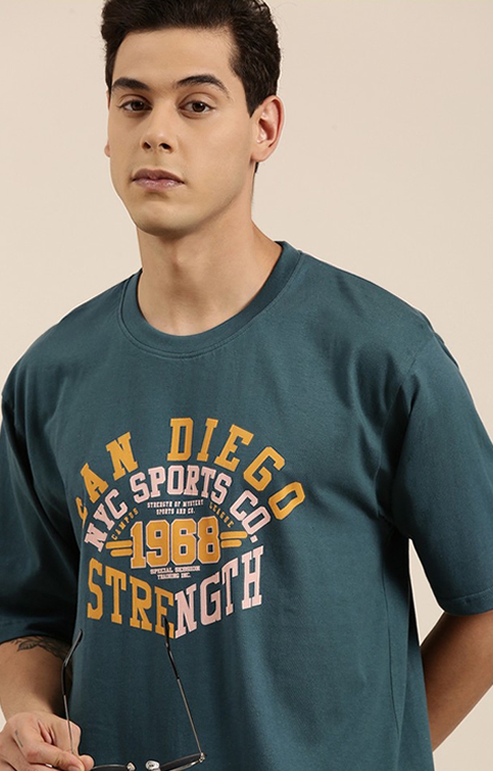 Men's Green Cotton Typographic Printed Oversized T-Shirt