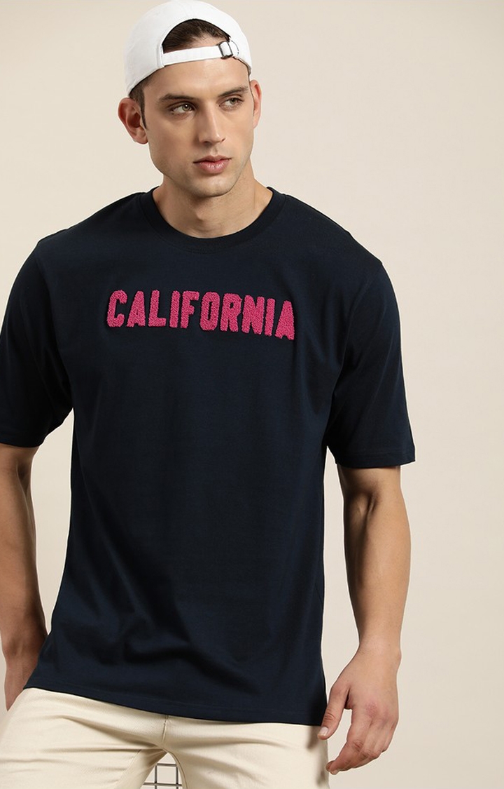 Men's Navy Blue Cotton Typographic Printed Oversized T-Shirt