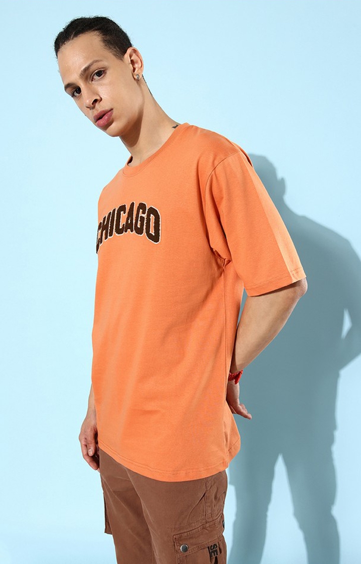 Men's Brown Cotton Typographic Printed Oversized T-Shirt