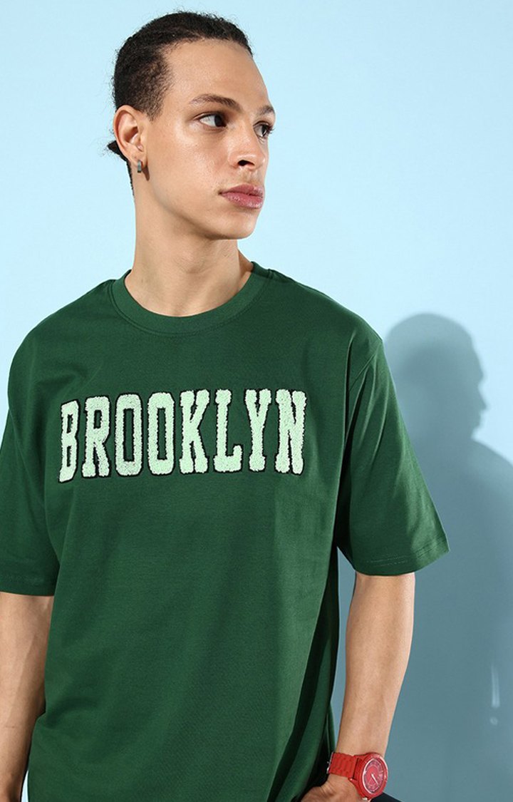 Dillinger | Men's Green Cotton Typographic Printed Oversized T-Shirt