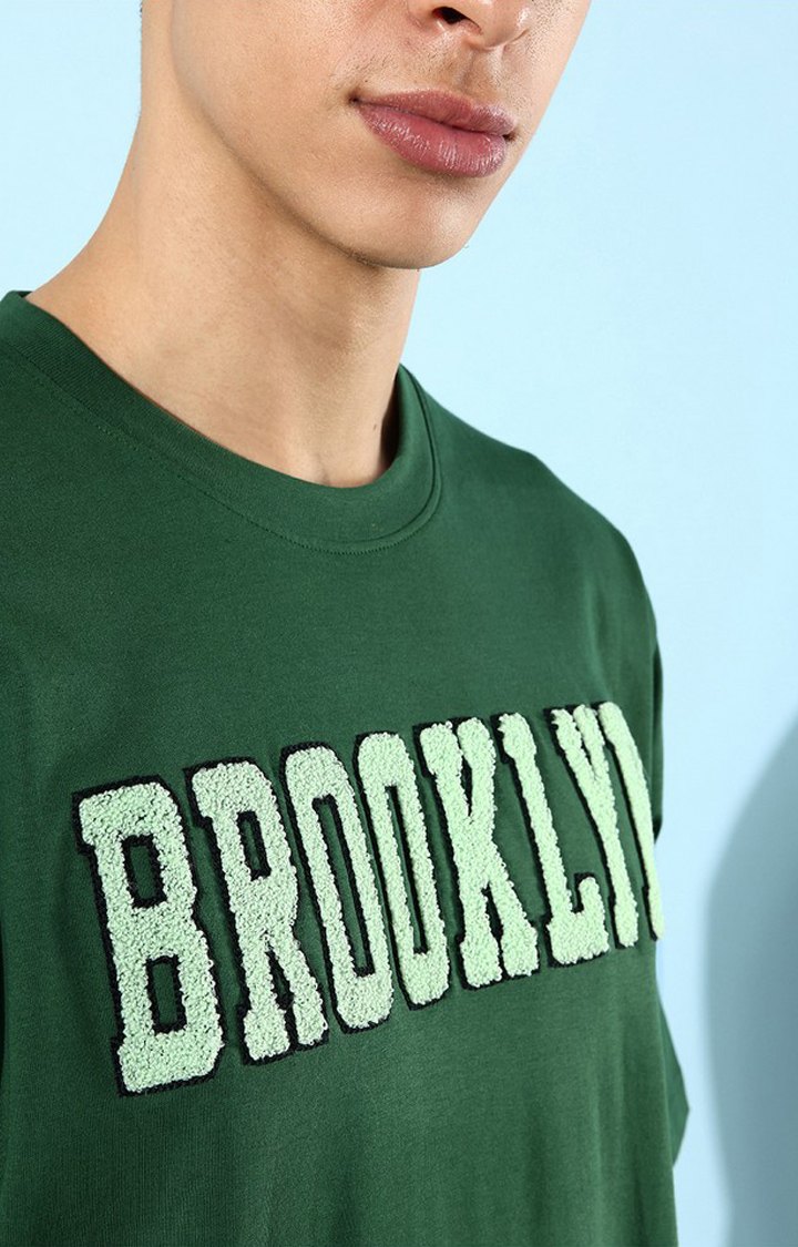 Men's Green Cotton Typographic Printed Oversized T-Shirt