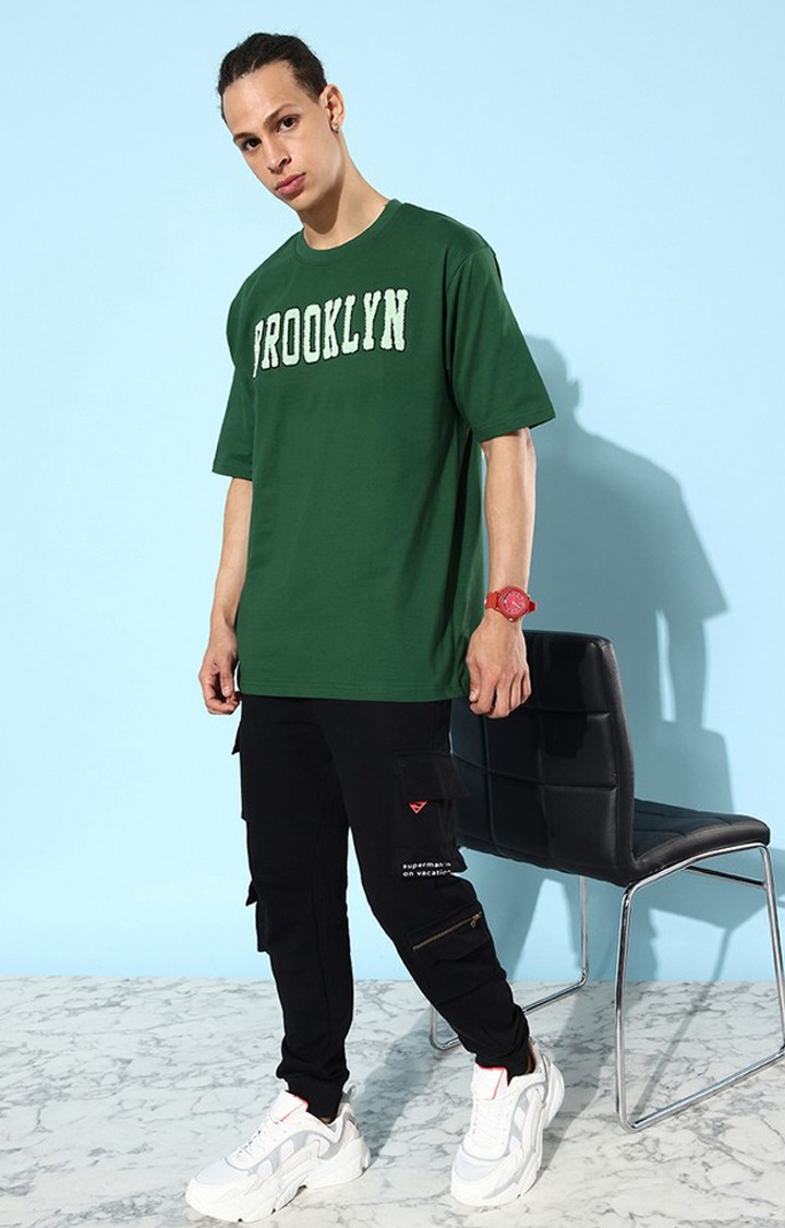 Men's Green Cotton Typographic Printed Oversized T-Shirt