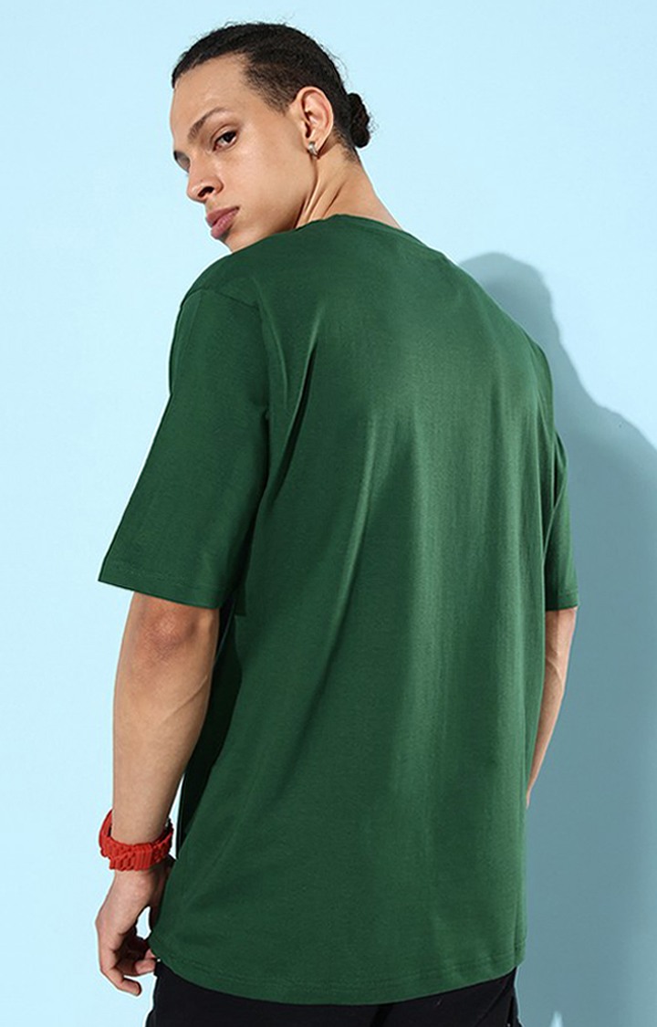 Men's Green Cotton Typographic Printed Oversized T-Shirt