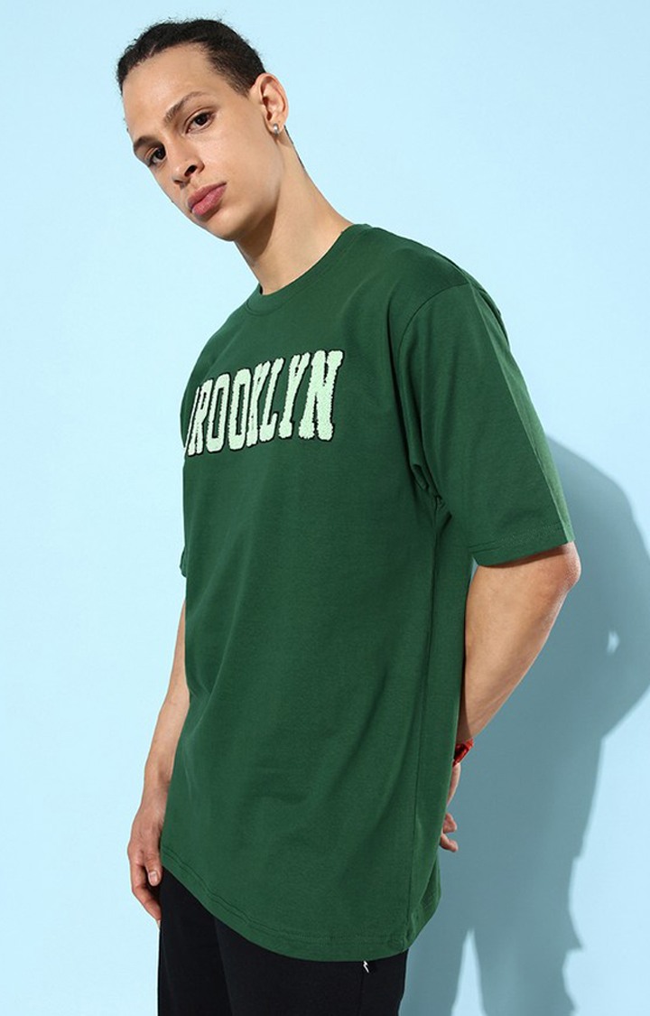 Men's Green Cotton Typographic Printed Oversized T-Shirt