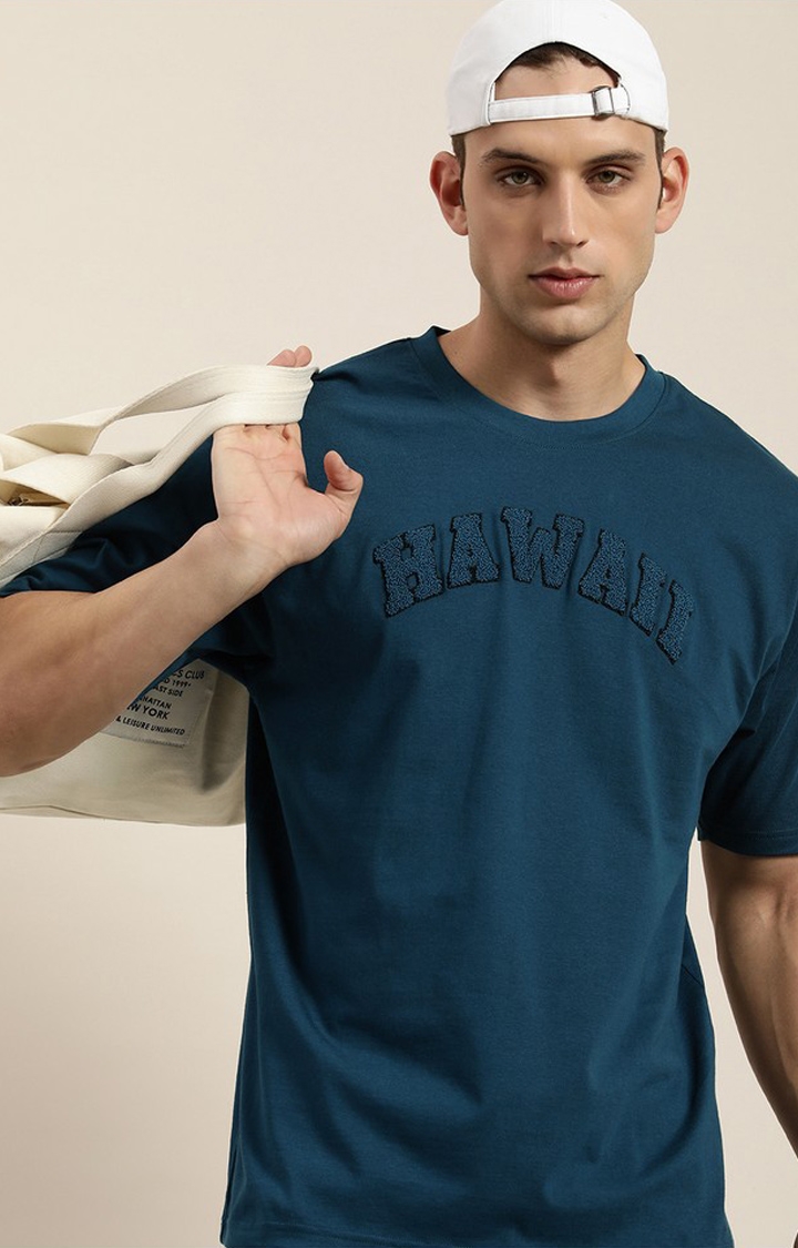 Dillinger | Men's Blue Cotton Typographic Printed Oversized T-Shirt