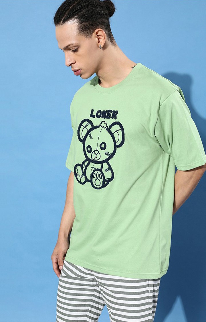 Men's Green Cotton Graphic Printed Oversized T-Shirt