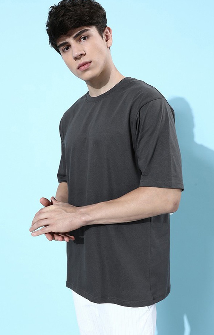 Men's Grey Cotton Graphic Printed Oversized T-Shirt
