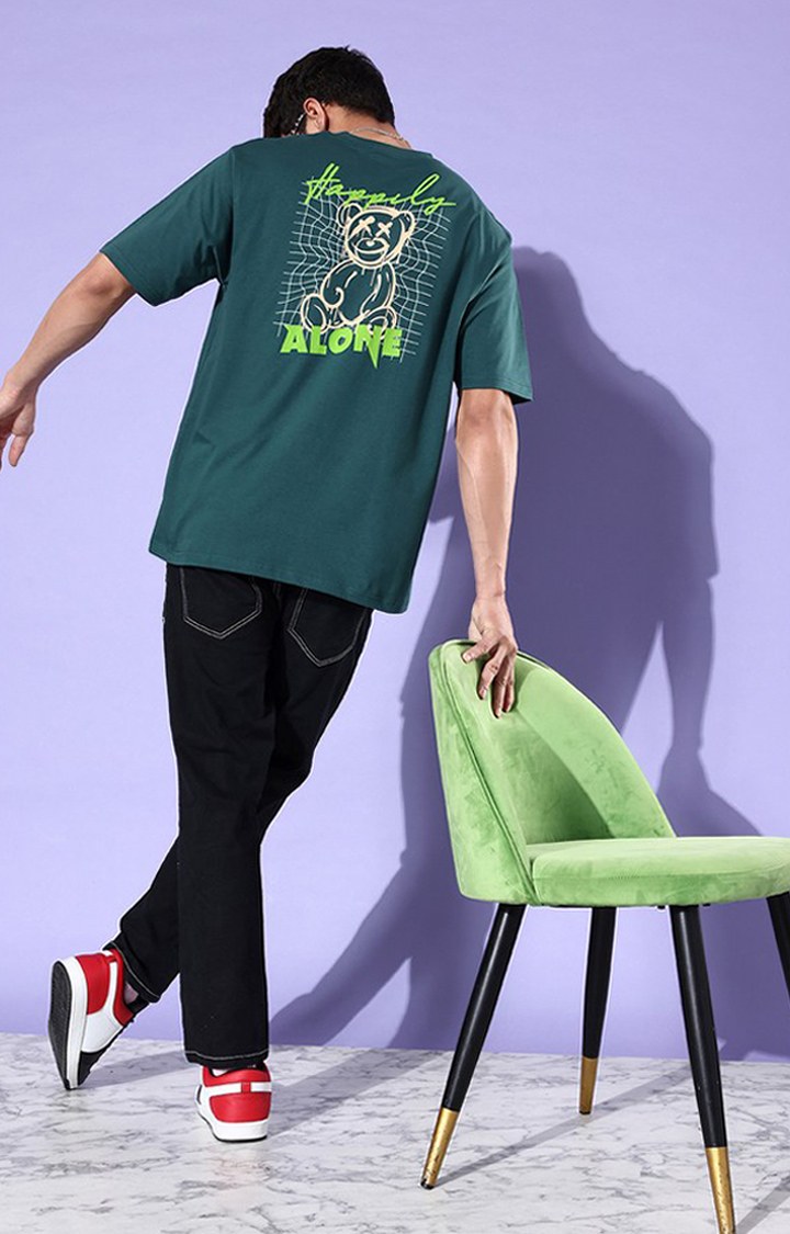 Men's Green Cotton Graphic Printed Oversized T-Shirt