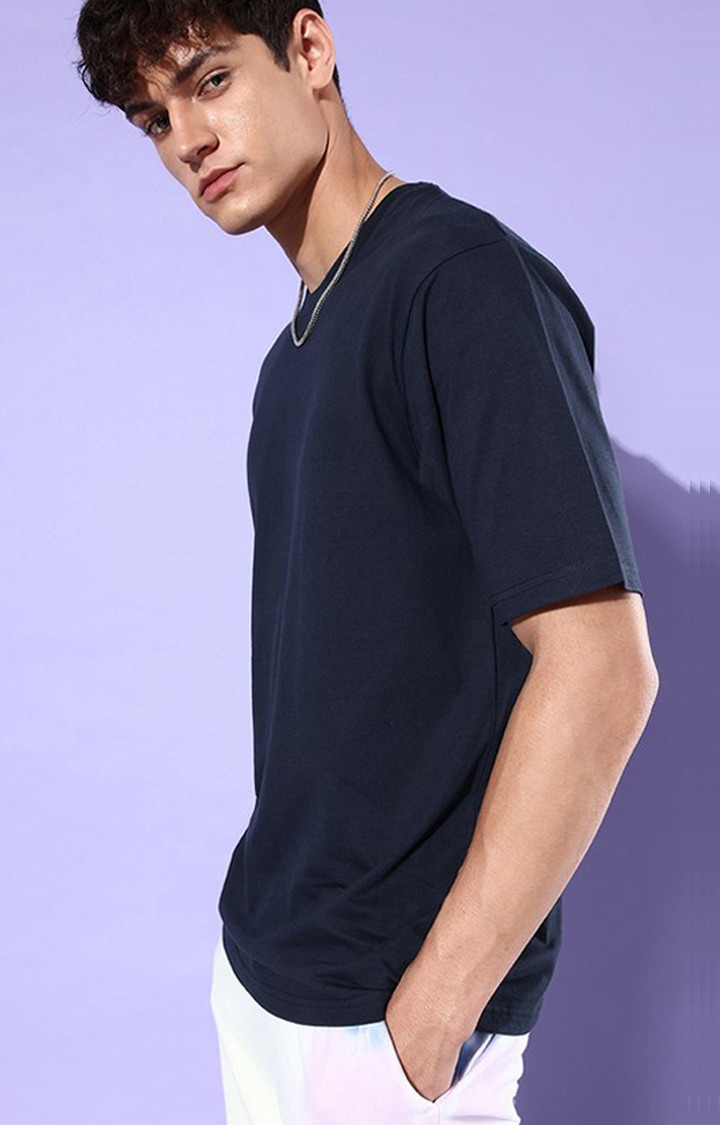 Men's Navy Blue Cotton Graphic Printed Oversized T-Shirt