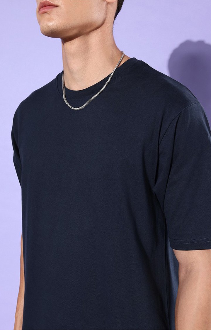 Men's Navy Blue Cotton Graphic Printed Oversized T-Shirt