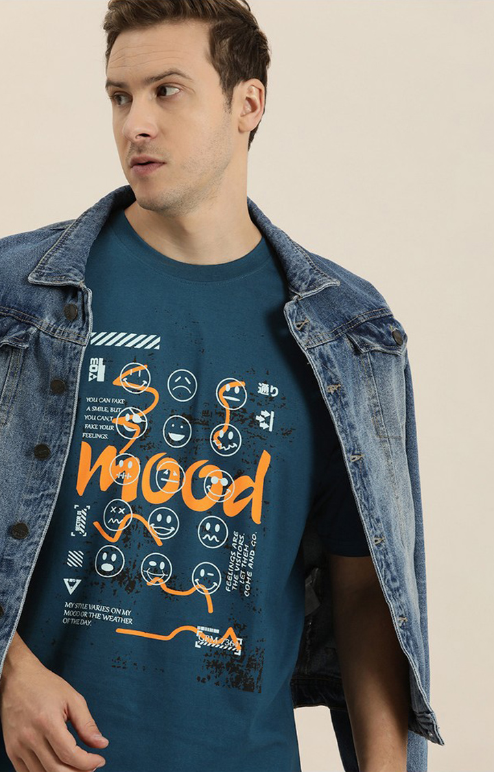Men's Blue Cotton Graphic Printed Oversized T-Shirt