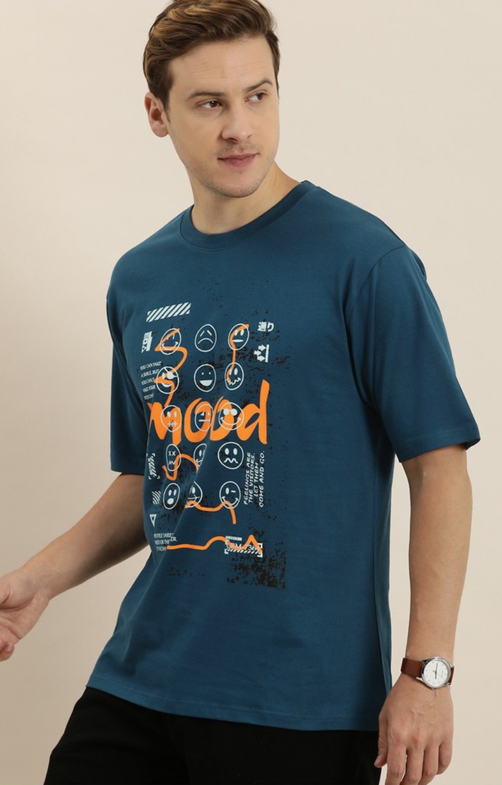 Dillinger | Men's Blue Cotton Graphic Printed Oversized T-Shirt
