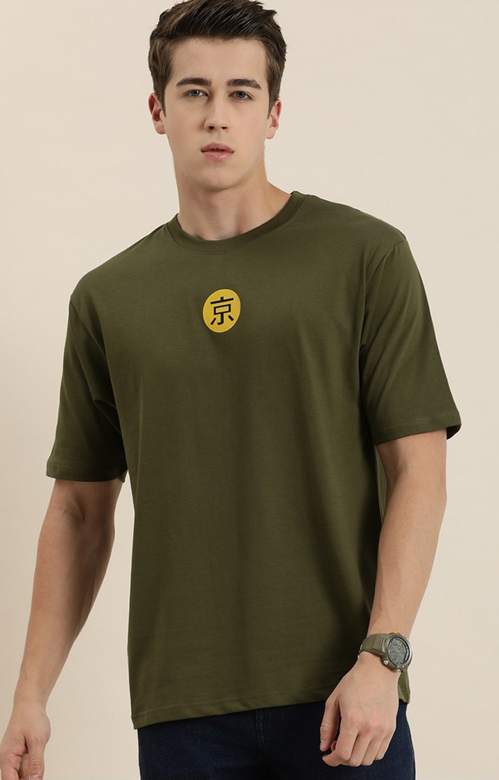 Men's Olive Green Cotton Graphic Printed Oversized T-Shirt