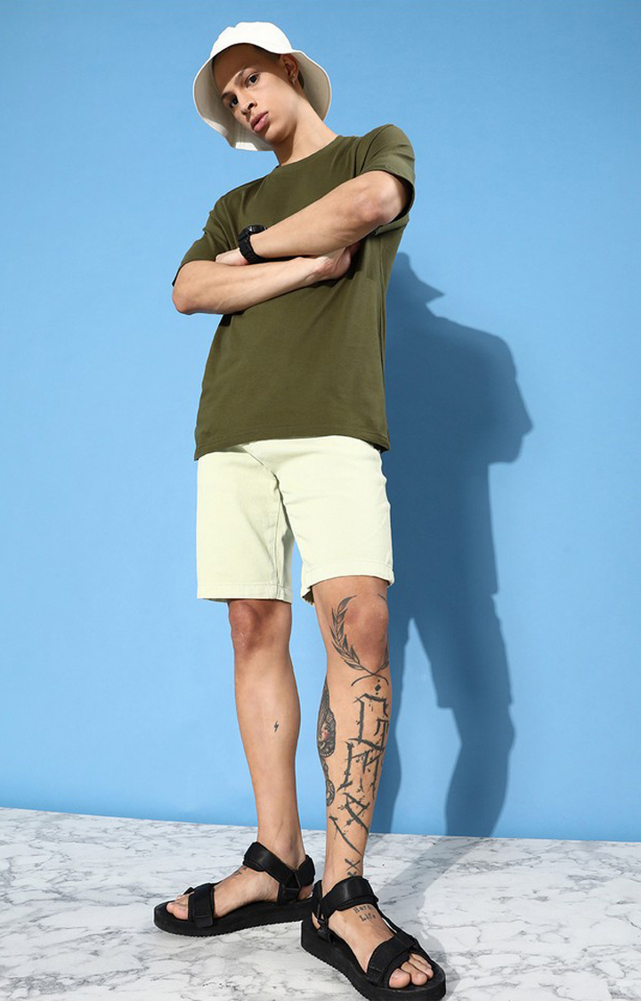 Men's Olive Green Cotton Graphic Printed Oversized T-Shirt