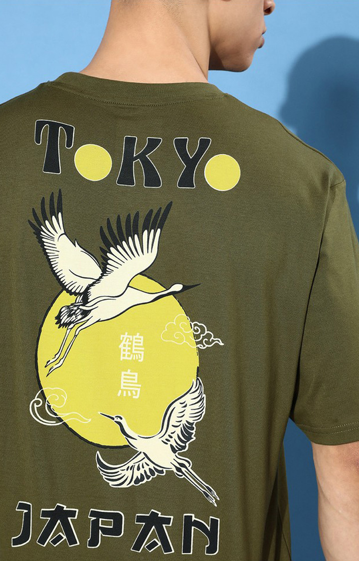 Men's Olive Green Cotton Graphic Printed Oversized T-Shirt