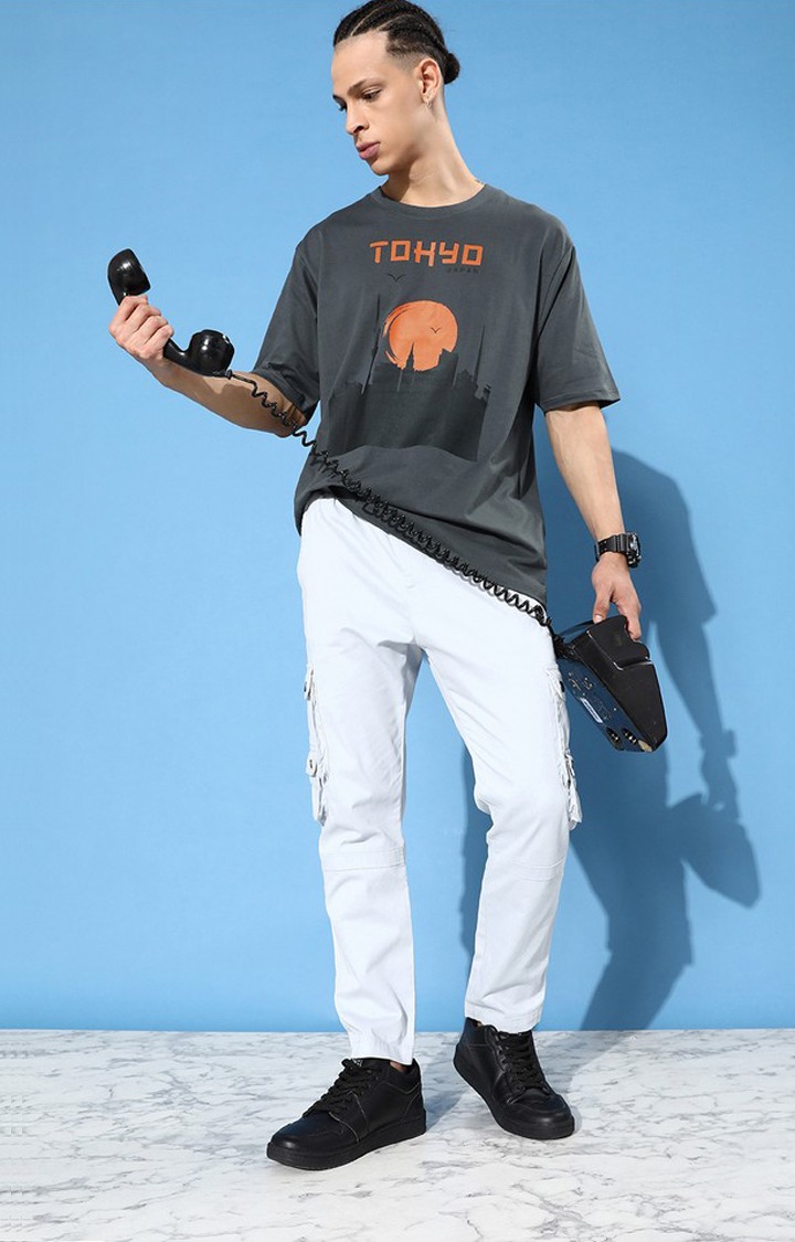 Men's Grey Cotton Graphic Printed Oversized T-Shirt