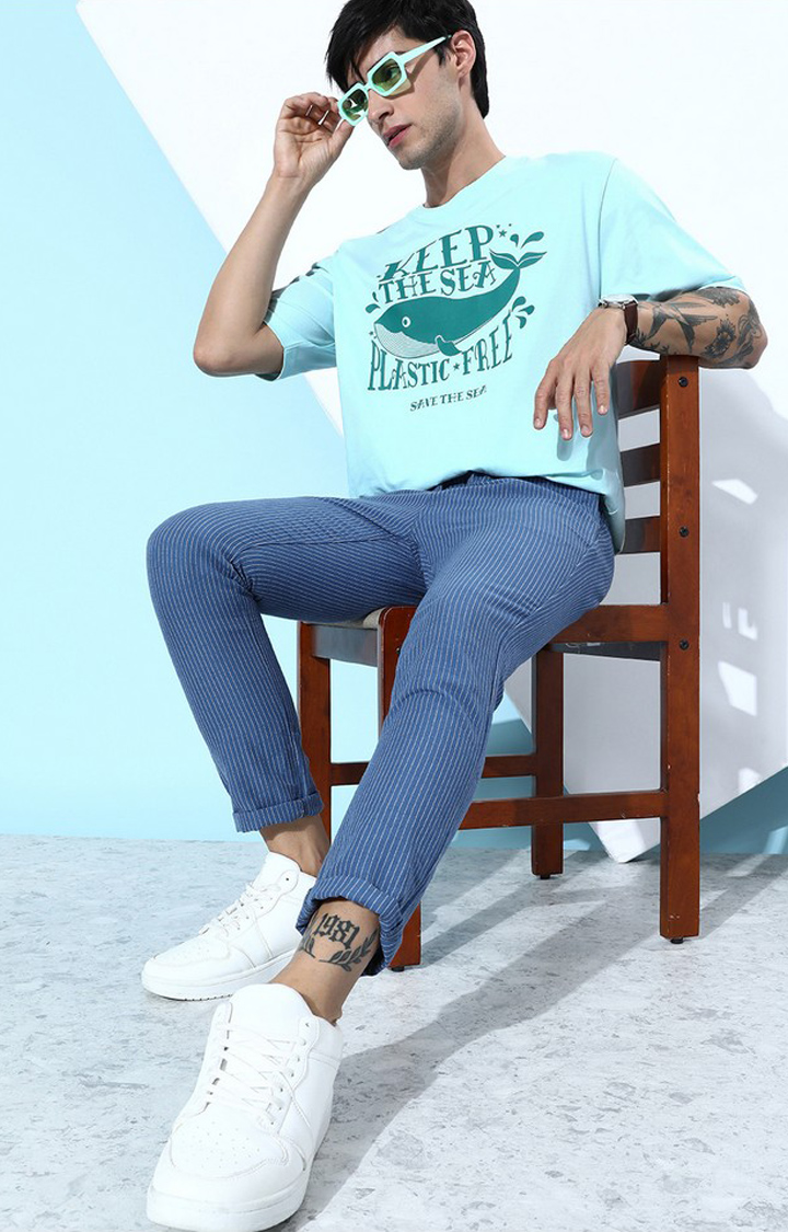 Men's Blue Cotton Graphic Printed Oversized T-Shirt