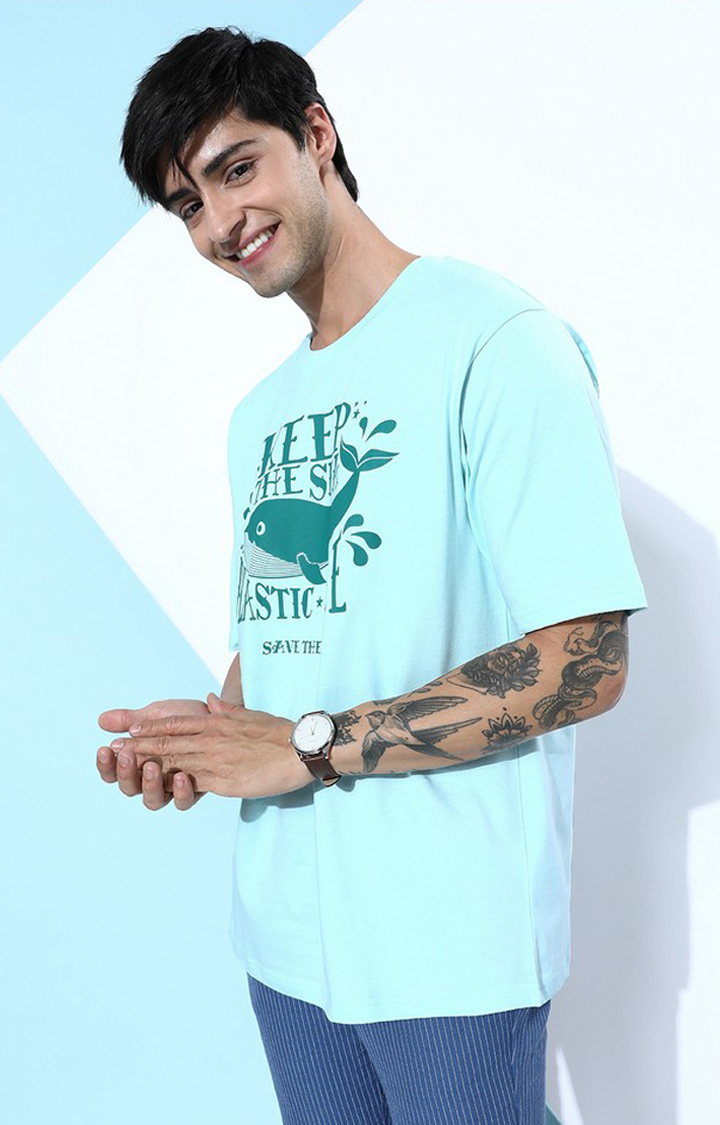 Men's Blue Cotton Graphic Printed Oversized T-Shirt
