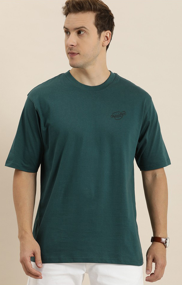 Men's Green Cotton Typographic Printed Oversized T-Shirt