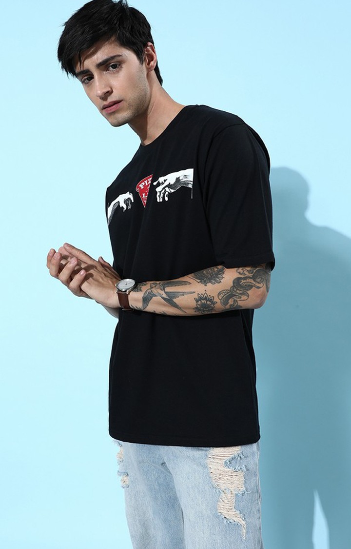 Men's Black Cotton Graphic Printed Oversized T-Shirt