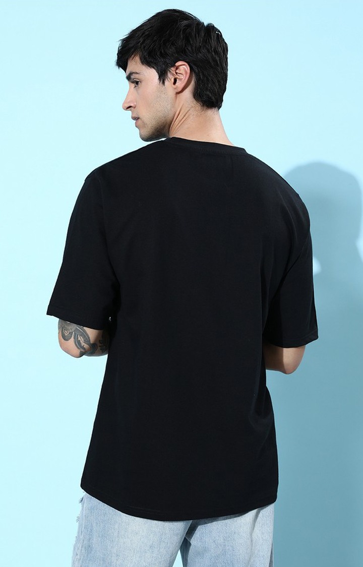 Men's Black Cotton Graphic Printed Oversized T-Shirt