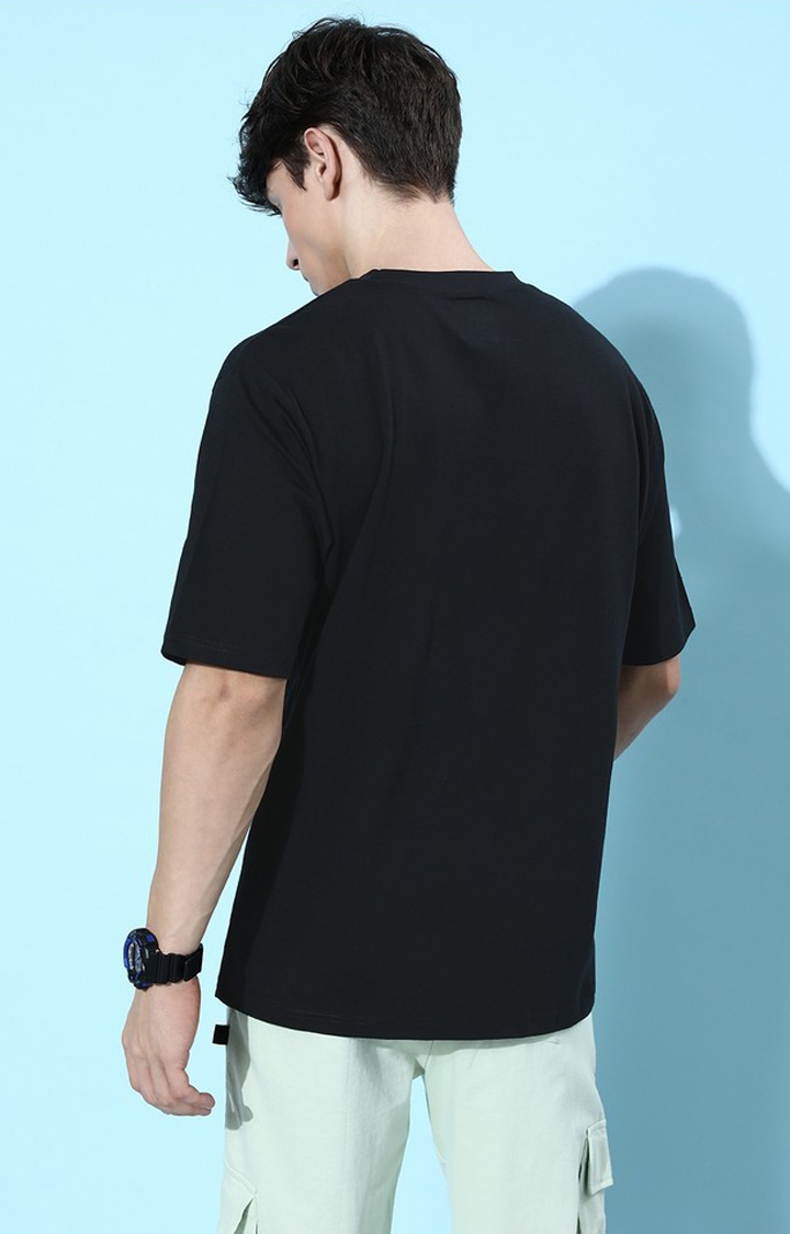 Men's Black Cotton Typographic Printed Oversized T-Shirt