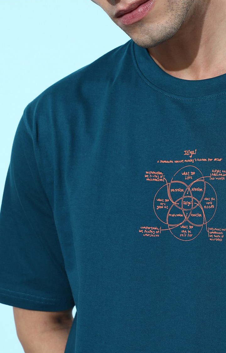 Men's Blue Cotton Graphic Printed Oversized T-Shirt