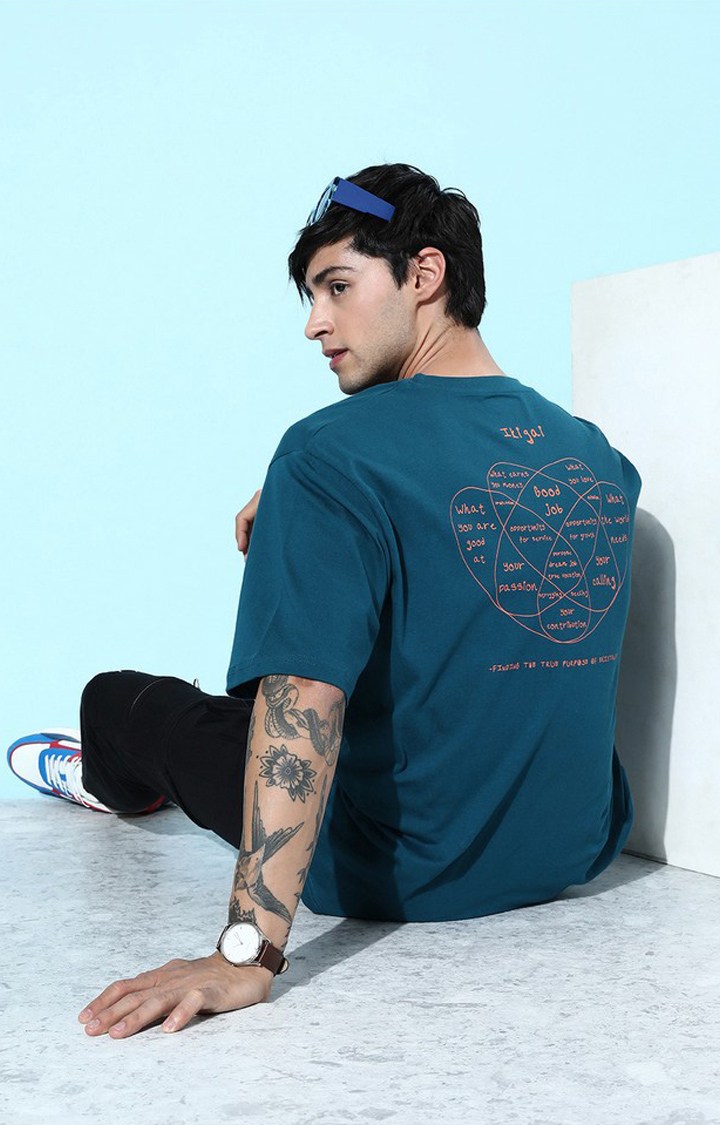 Men's Blue Cotton Graphic Printed Oversized T-Shirt