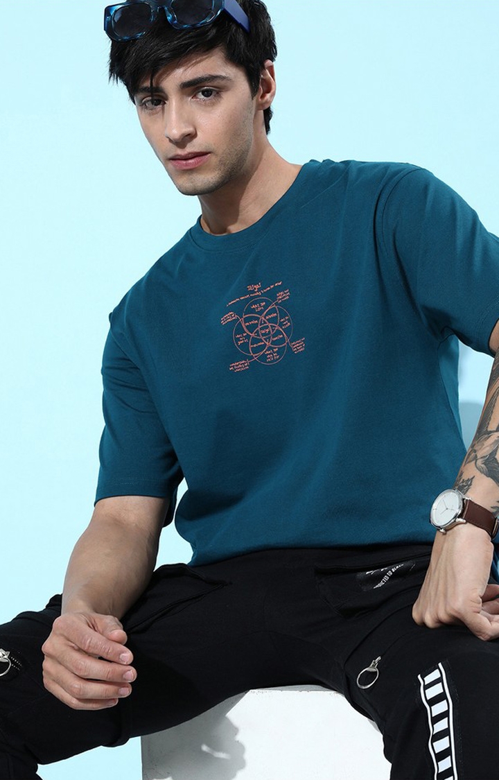Dillinger | Men's Blue Cotton Graphic Printed Oversized T-Shirt