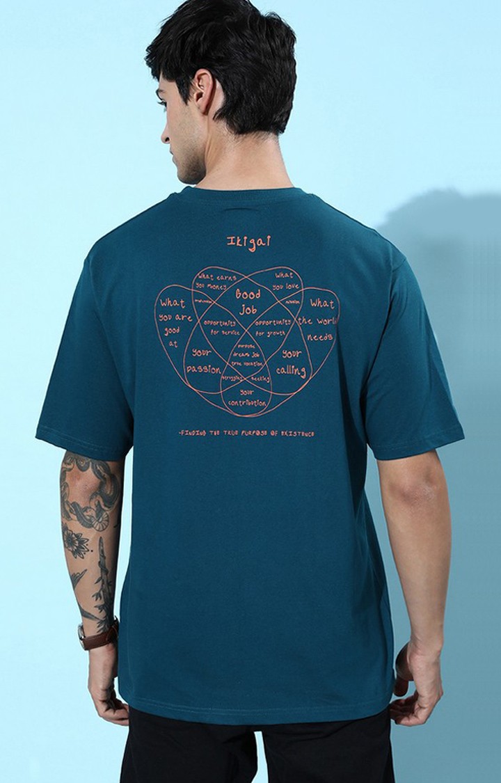 Men's Blue Cotton Graphic Printed Oversized T-Shirt