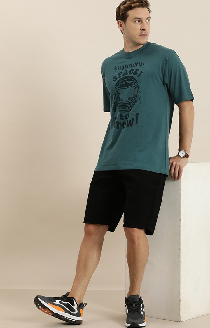 Men's Green Cotton Graphic Printed Oversized T-Shirt