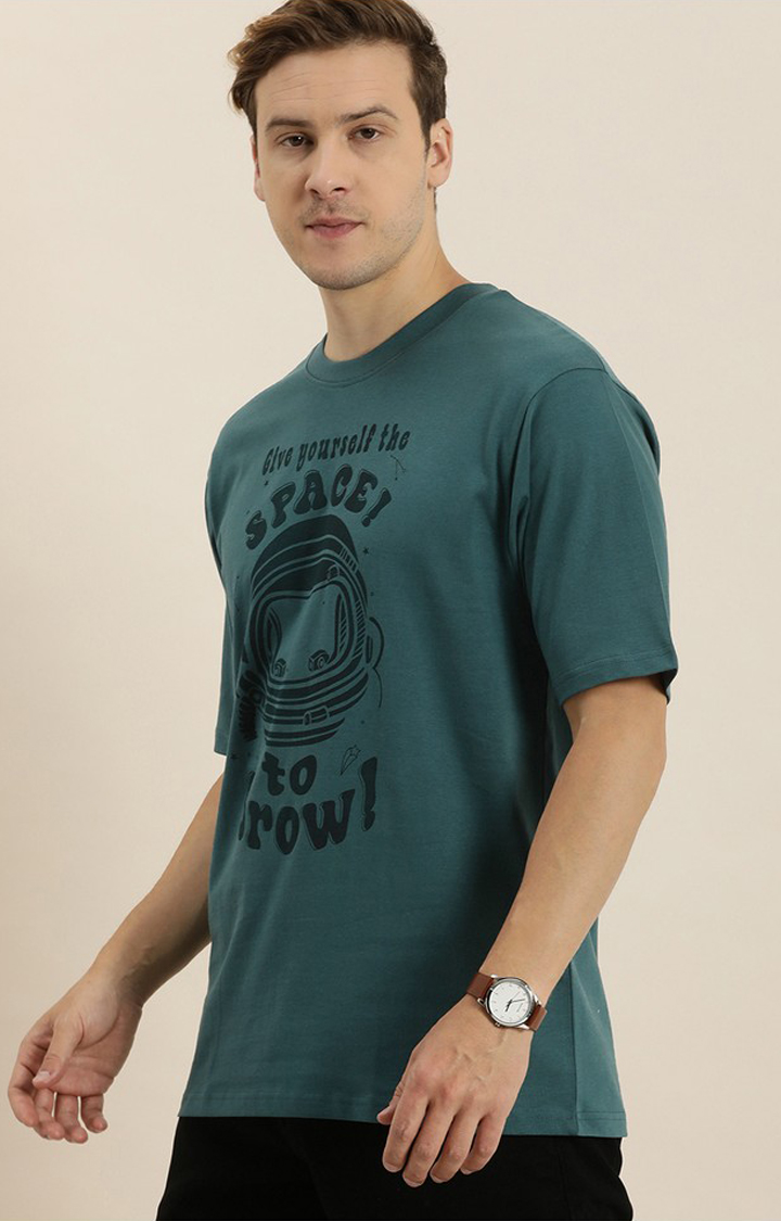 Men's Green Cotton Graphic Printed Oversized T-Shirt