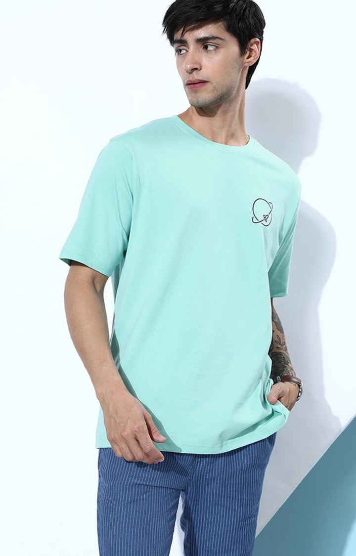 Men's Blue Cotton Graphic Printed Oversized T-Shirt