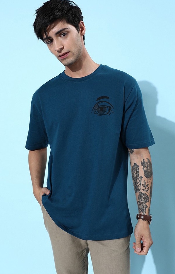 Men's Blue Cotton Graphic Printed Oversized T-Shirt
