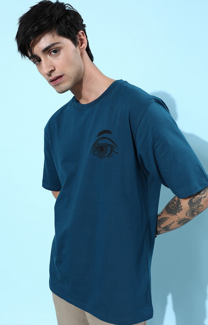 Men's Blue Cotton Graphic Printed Oversized T-Shirt