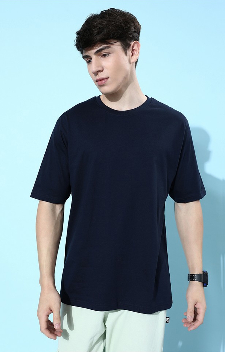 Men's Navy Blue Cotton Graphic Printed Oversized T-Shirt