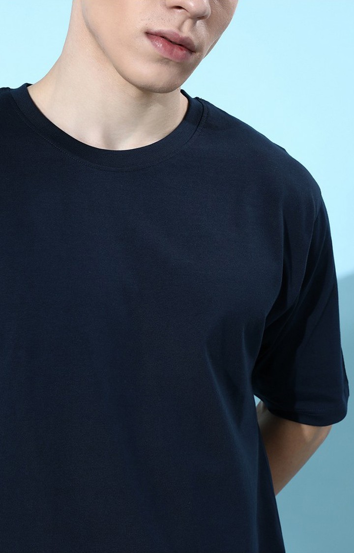 Men's Navy Blue Cotton Graphic Printed Oversized T-Shirt