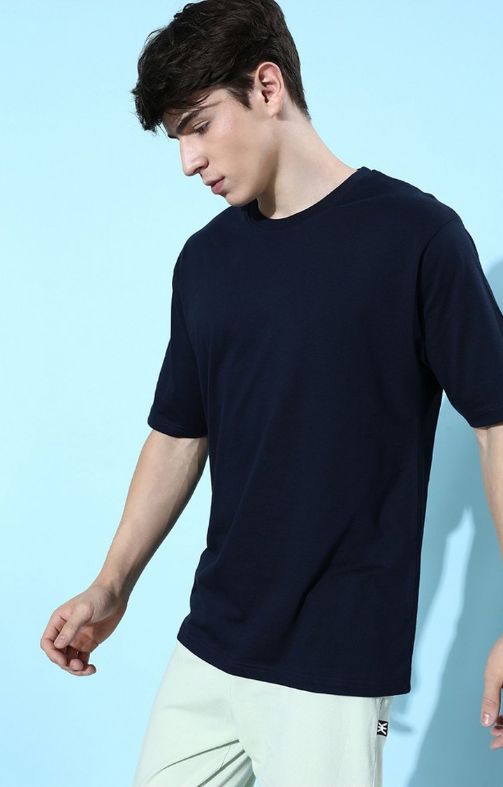 Men's Navy Blue Cotton Graphic Printed Oversized T-Shirt