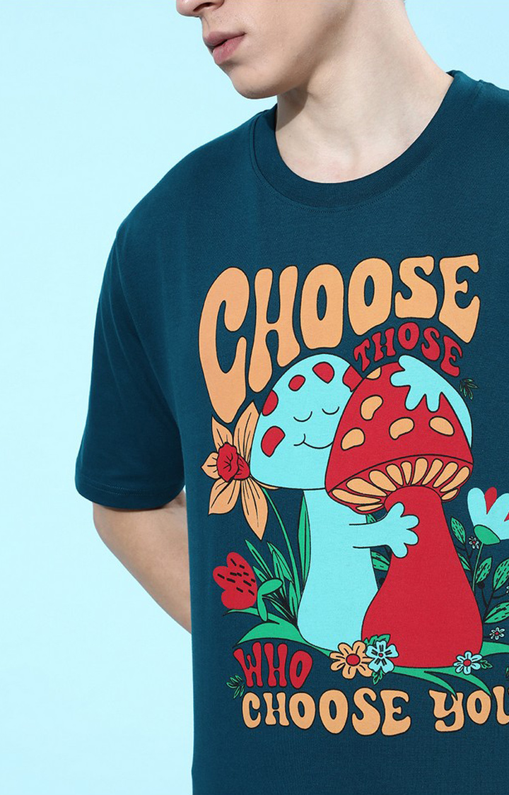 Men's Blue Cotton Graphic Printed Oversized T-Shirt