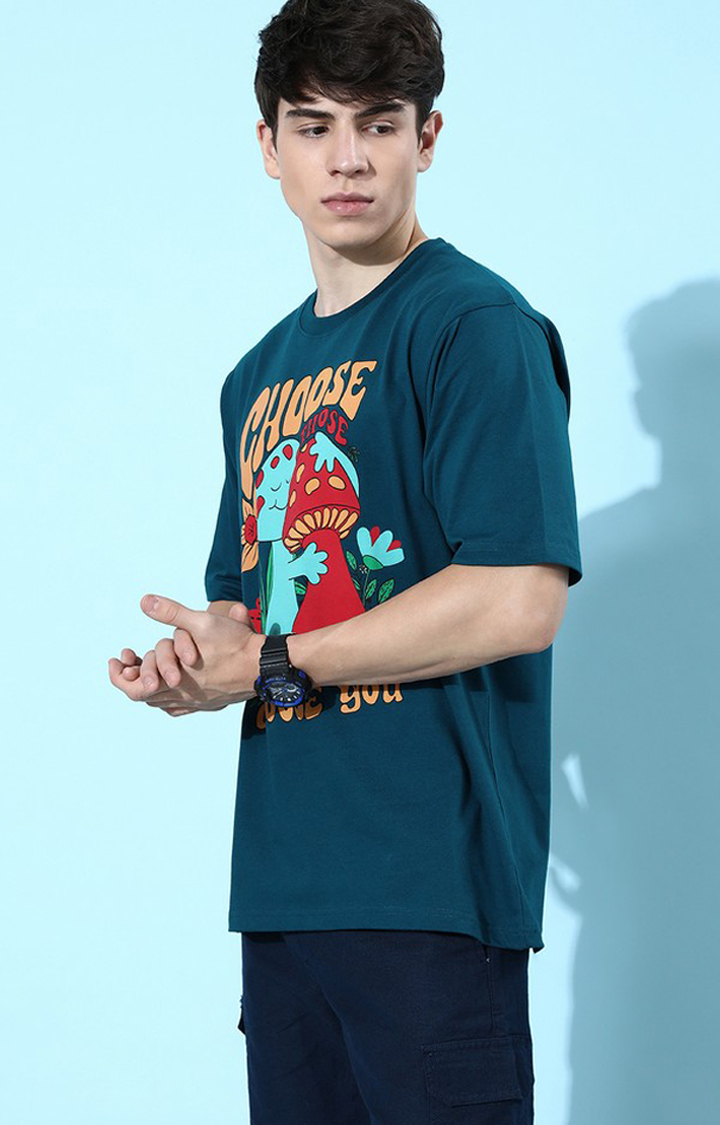 Men's Blue Cotton Graphic Printed Oversized T-Shirt